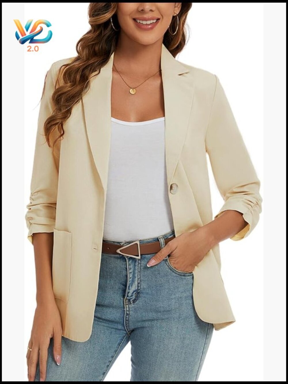 Women's Linen Blazer 3/4 Sleeve Lightweight Notch Lapel Button Front Pocket